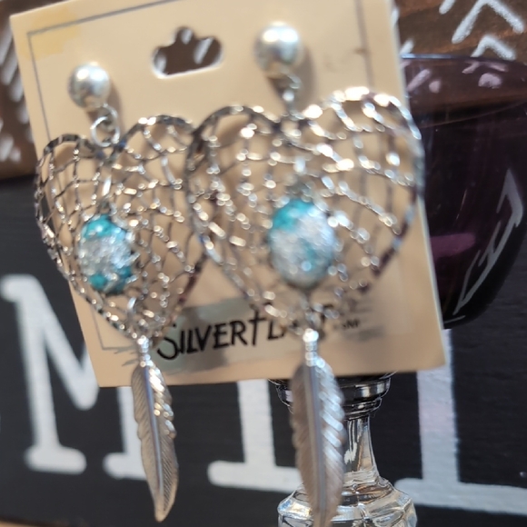 Spiderweb Silver Flake & Turquoise Heart Earrings - Picture 3 of 5